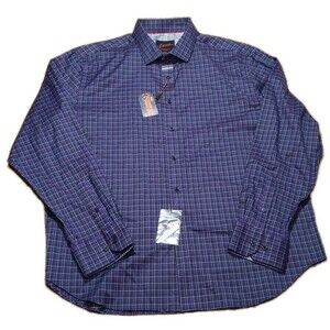 Egara Men's Slim Fit Stretch Blue Plaid Dress Shirt w/ Contrast Cuffs 2XL NWT